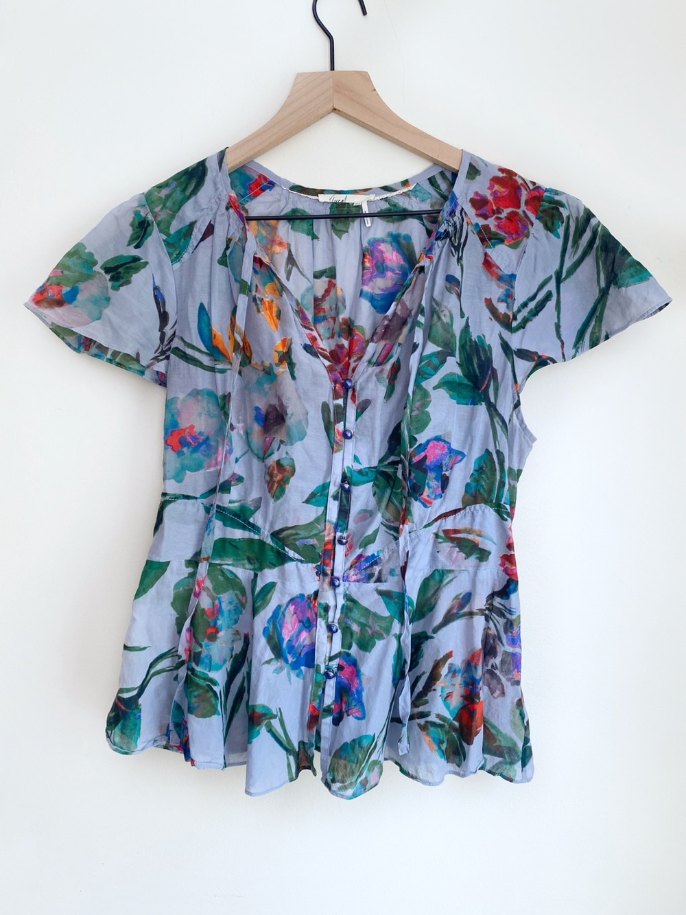 Anthropologie Floreat Amarillo Cinch-Waist Floral Silk Top Light Grey size 12 - Picture 2 of 8